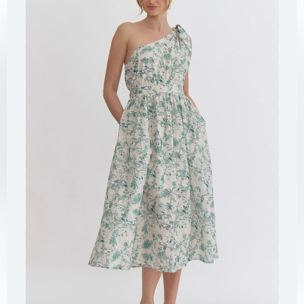 New bow one shoulder green toile floral midi dress